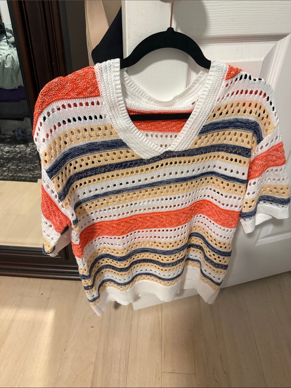 Striped Open-Knit V-Neck Sweater Top in White, Coral & Navy